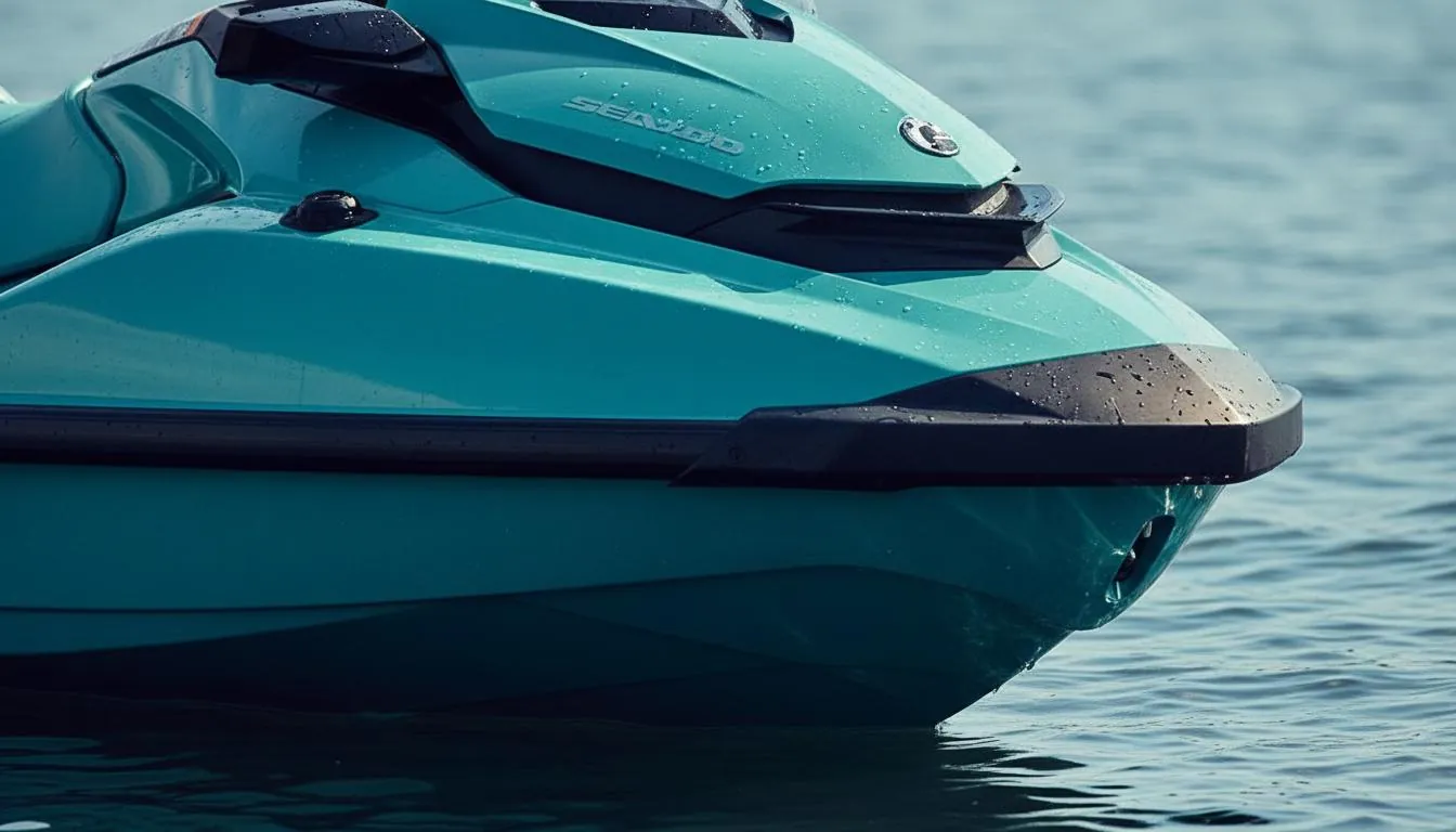 Close-up of a teal Sea-Doo hull resting on calm water