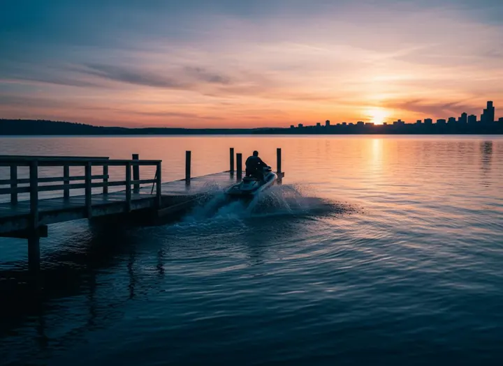 Jet ski leaving a wooden pier at sunrise