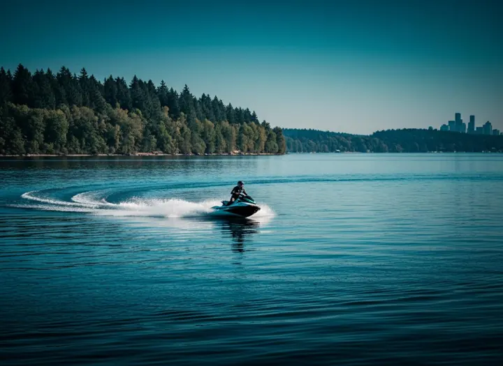 Jet ski carving a curve along a forested shoreline