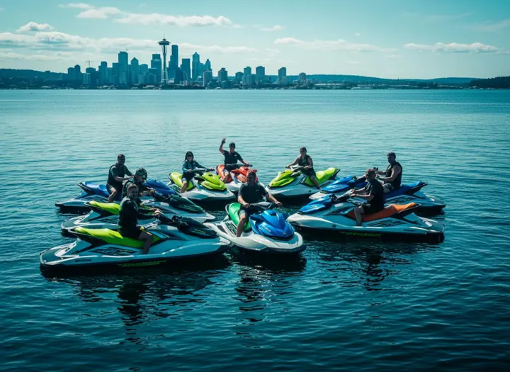 A group of riders on jet skis floating together