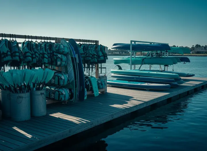 Life jackets and paddleboards racked on a dock
