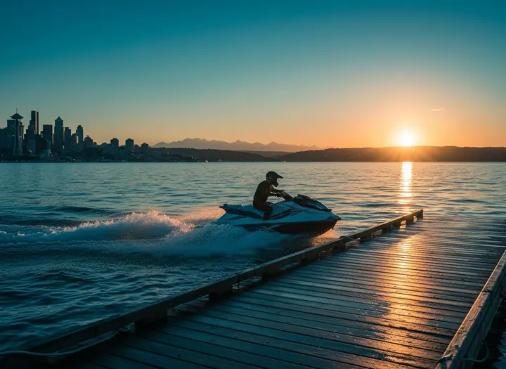 Rider returning to the dock at sunset with the Seattle skyline